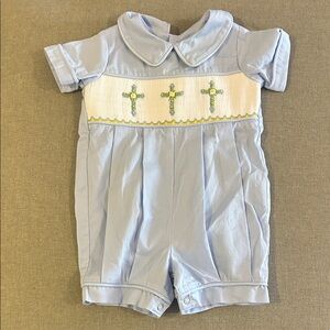 Light Blue Baby Romper with Smocked Cross Design